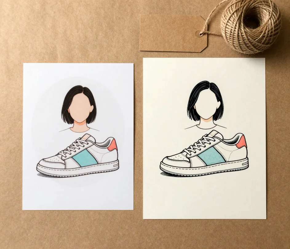 A flat-lay of an online shop scene where a printed sneaker product photo lies beside the same shoe redrawn as a clean line art illustration with subtle marker fills, styled on kraft paper