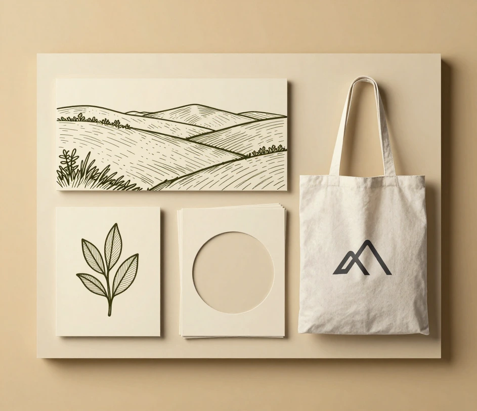 A brand style board on a studio wall with matching hand-drawn assets — a banner sketch, a packaging insert in ink line art, and a tote bag mockup with a charcoal logo study — all in one consistent stroke style