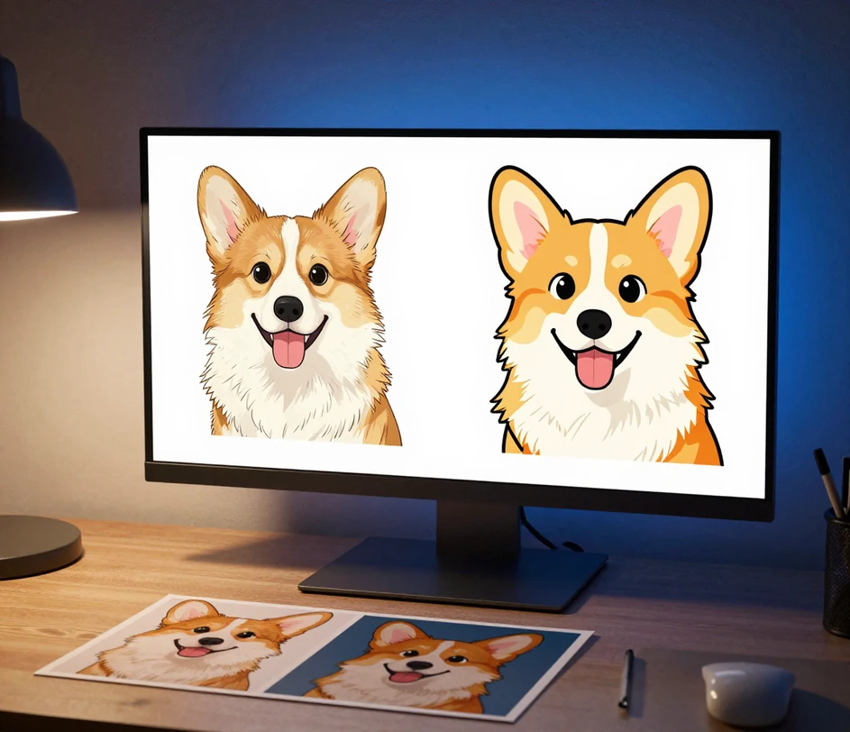 A fan creator's desk at night with a display showing the same pet photo redrawn twice — once as an anime illustration with cel shading and once as a bold cartoon with thick outlines — lit by a warm desk lamp against cool blue rim light