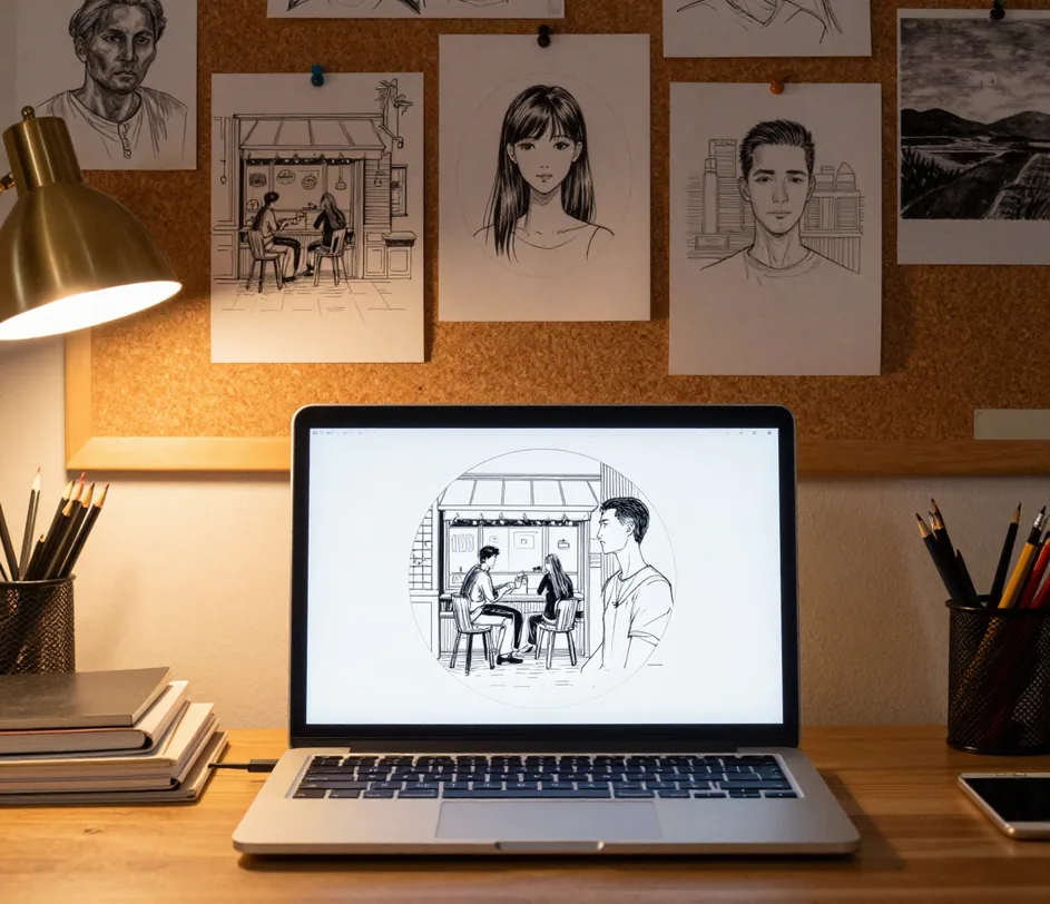 A creator's desk with an open laptop showing a hand-drawn style social post, a corkboard behind displaying pinned drawings in five different hand-drawn styles and a warm accent lamp in the corner