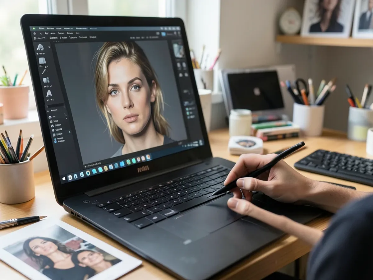 AI-billedgenerator, der viser et fotorealistisk portræt skabt fra en tekstbeskrivelse med stilforudindstillingsmuligheder