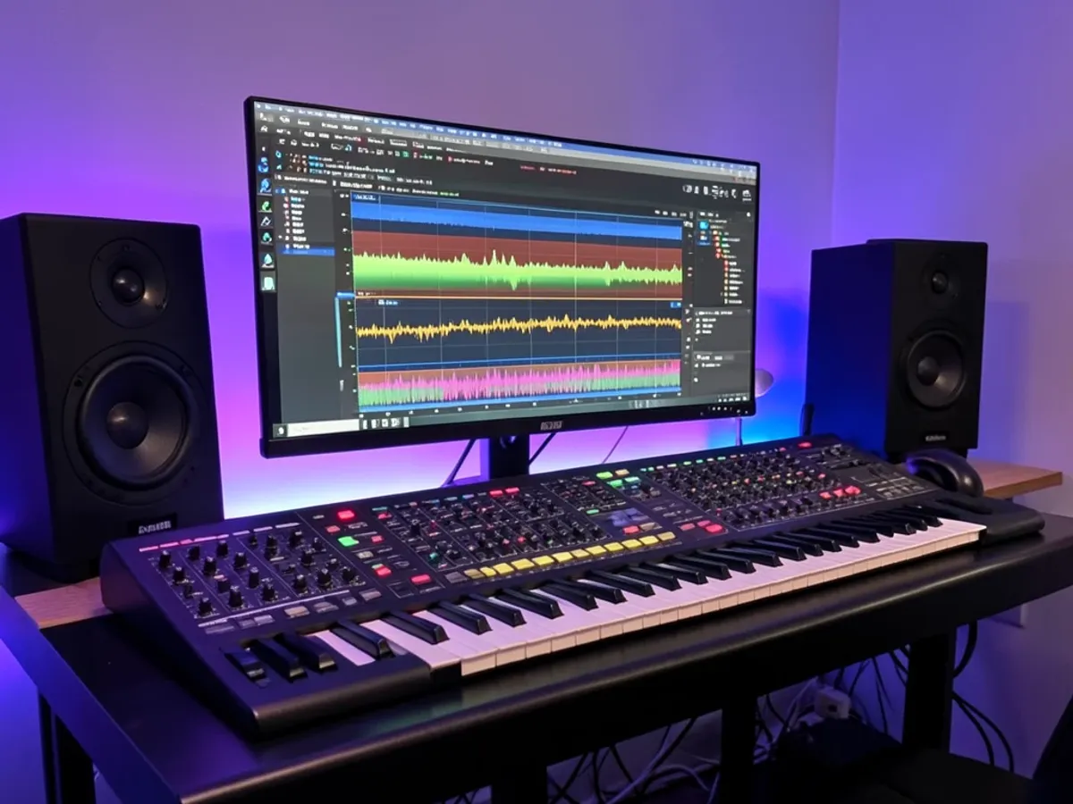 AI-musikgenerator, der viser genre- og stemningsvælgere med en flerspors bølgeform-lydforhåndsvisning af den genererede komposition