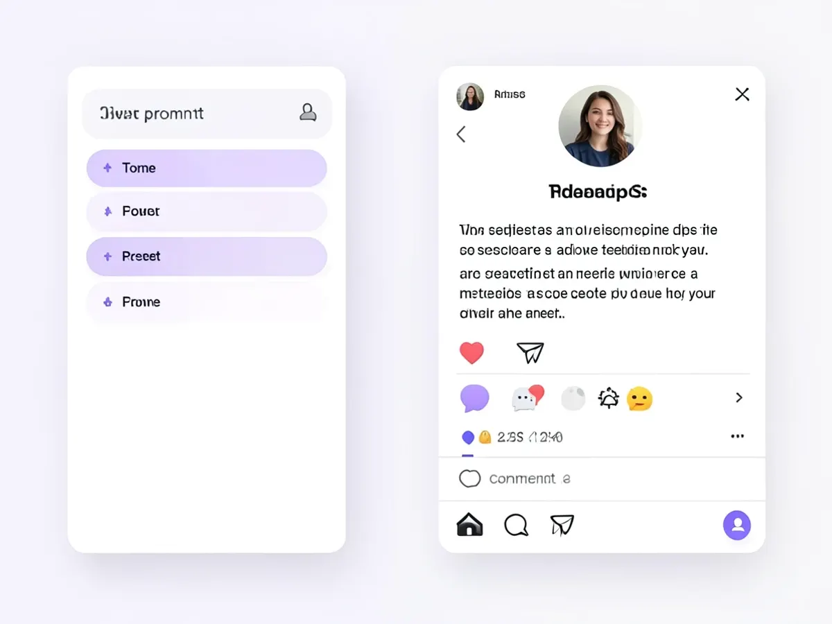 Facebook post generator interface showing a left control panel with a prompt input field and tone preset buttons alongside a right preview panel displaying a formatted social media post card with engagement metrics