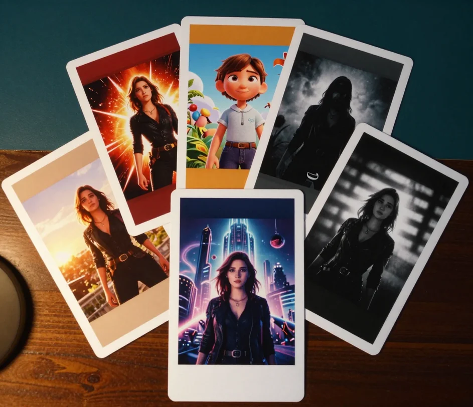 Eine Reihe von sechs Genre-Plakat-Miniaturen — Action, 3D im Pixar-Stil, Horror, Romantik, Science-Fiction, Film Noir — fächerförmig über einem Porträtfoto, jede zeigt dieselbe Person als Star eines anderen Films