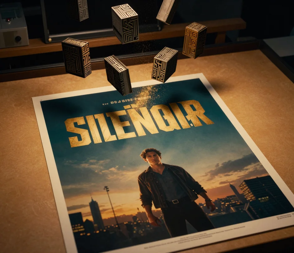 Das leere Titelbanner eines Filmplakats wird von übergroßen abstrakten Drucklettern vollendet, die auf einem warmen Typografie-Werkstatttisch an ihrem Platz ankommen