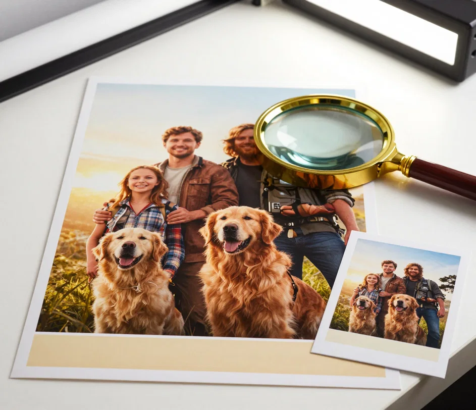 Ein großer 3K-Filmplakat-Druck auf einem Leuchttisch, über einer Ecke zeigt eine Lupe knappe Gesichtsdetails bei 3072 px, daneben als Größenvergleich ein Druck desselben Motivs in Postkartengröße