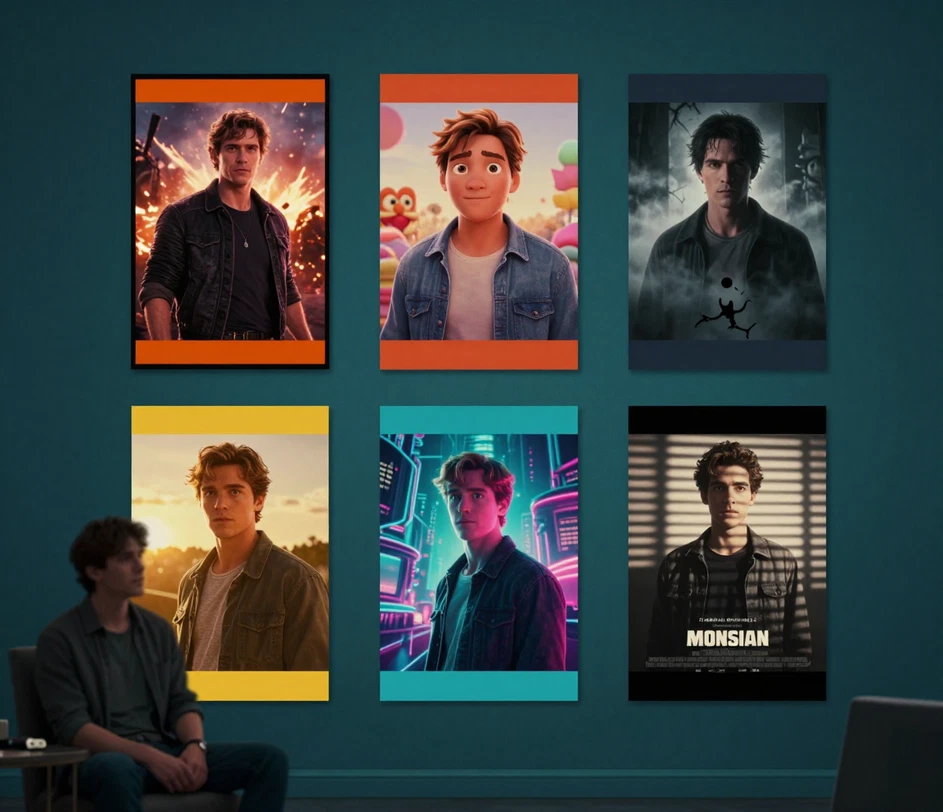 Eine versetzt hängende Wand mit sechs Genre-Plakaten — Action-Explosion, warme 3D-Animation, nebliger Horror, Romantik in der goldenen Stunde, Neon-Science-Fiction und schwarz-weißer Film Noir — darunter ein kleines Porträtfoto auf einem Beistelltisch