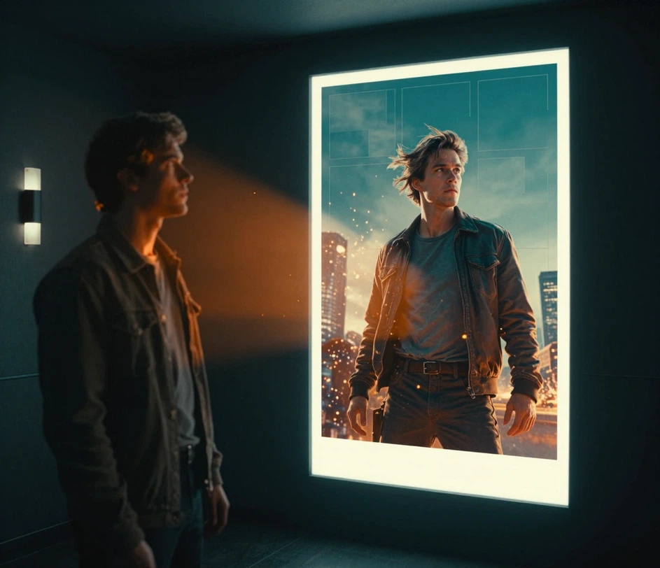 Ein gewöhnliches Porträtfoto verwandelt sich in ein filmisches Actionplakat mit derselben Person als Held, komplett mit dramatischer Heldenbeleuchtung, einem markanten leeren Titelbanner und einem 2:3-One-Sheet-Layout