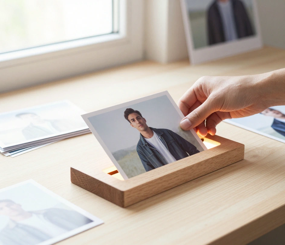 Eine Hand legt ein lächelndes Porträtfoto in ein warm leuchtendes Holz-Fototablett auf einem hellen Morgenschreibtisch, im Hintergrund lehnt eine Plakathülse