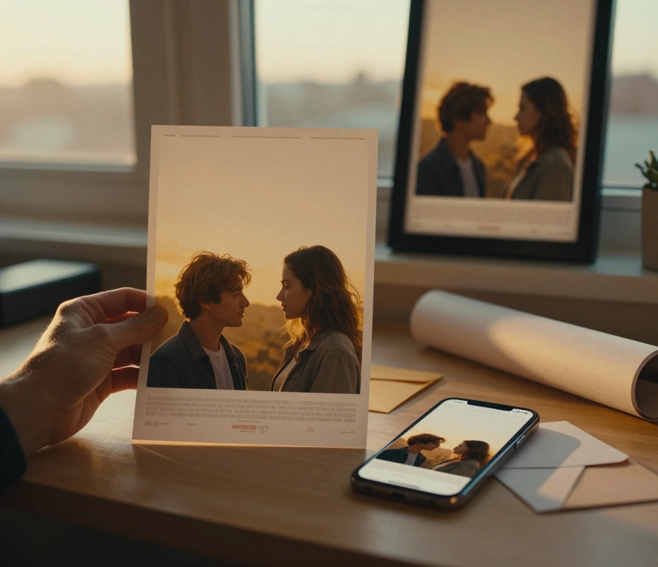 Eine Hand hält einen frisch gedruckten Romantik-Filmplakat neben einem Smartphone, das dasselbe Motiv im Vollbild zeigt, mit Umschlag und Plakatrolle zum Teilen und einem gerahmten Exemplar im Regal dahinter