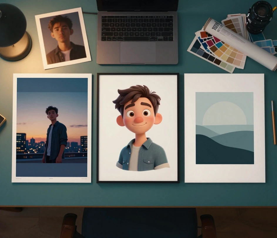 Ein kreativer Studiotisch zeigt ein gerahmtes Filmplakat, ein 3D-animiertes Cartoon-Porträt und ein sauber gestaltetes Fotoposter nebeneinander, dazwischen Ausgangsfotos und Farbmuster