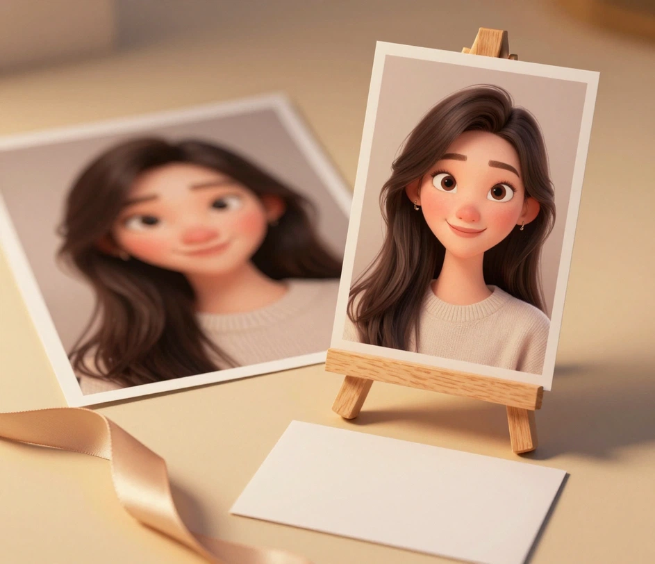 Ein Porträtfoto wird neben einem freundlichen 3D-Animationsfilm-Cartoon mit demselben Gesicht und derselben Pose gezeigt