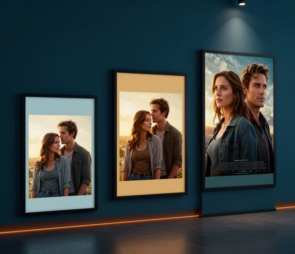 Drei Filmplakate desselben Paares in einer Kinolobby — ein lässiger matter Druck, ein schlanker beleuchteter Leuchtkasten und ein großer Leuchtkasten im Scheinwerferlicht — mit klar ansteigender Verarbeitungsqualität von links nach rechts