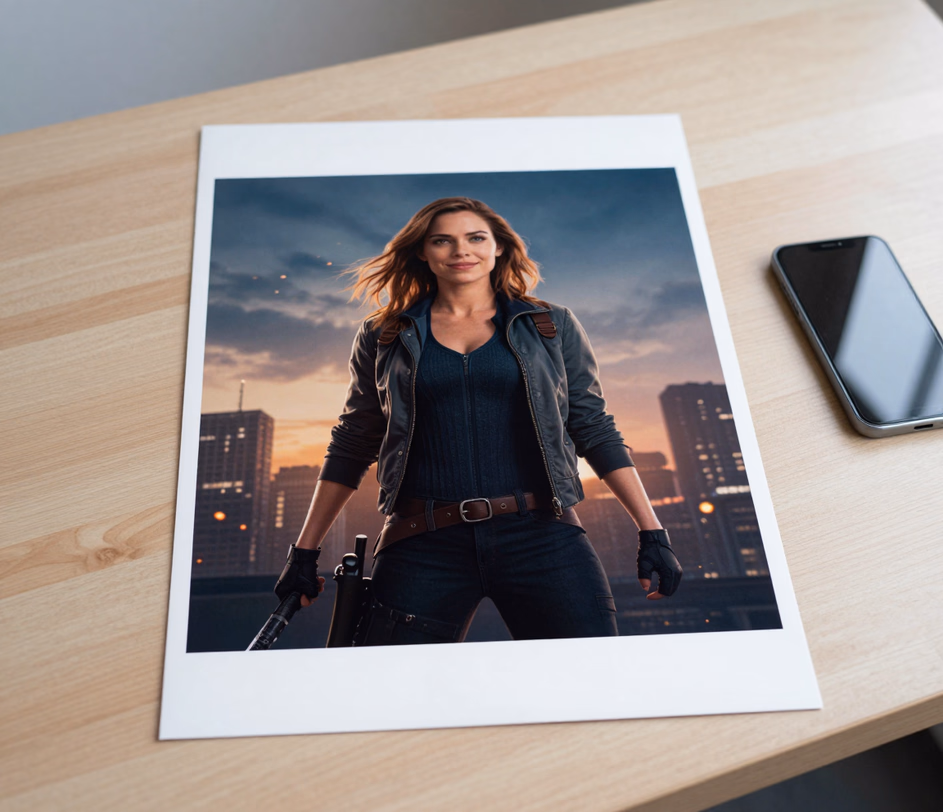 Ein einzelnes Porträtfoto, umgewandelt in ein Actionplakat mit 2048 px; das ursprüngliche Gesicht und die Pose bleiben unter dramatischer Heldenbeleuchtung voll erkennbar