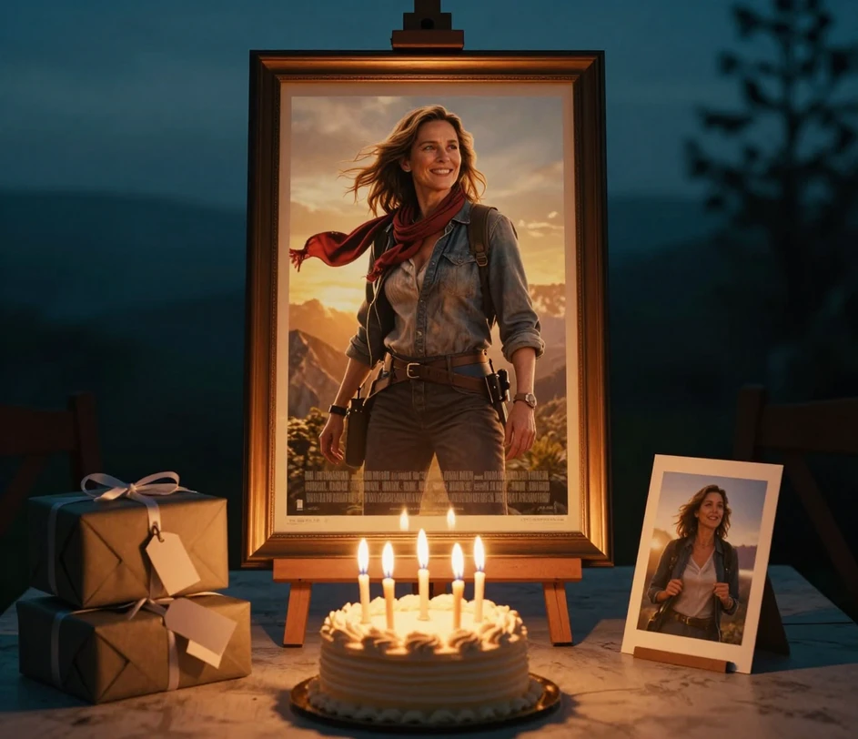 Ein Geburtstagsgeschenktisch mit einem gerahmten KI-Filmplakat als Mittelpunkt, das die Geburtstagsperson als Abenteuerfilm-Helden zeigt, daneben eine angezündete Geburtstagstorte und eingewickelte Geschenke mit leeren Anhängern