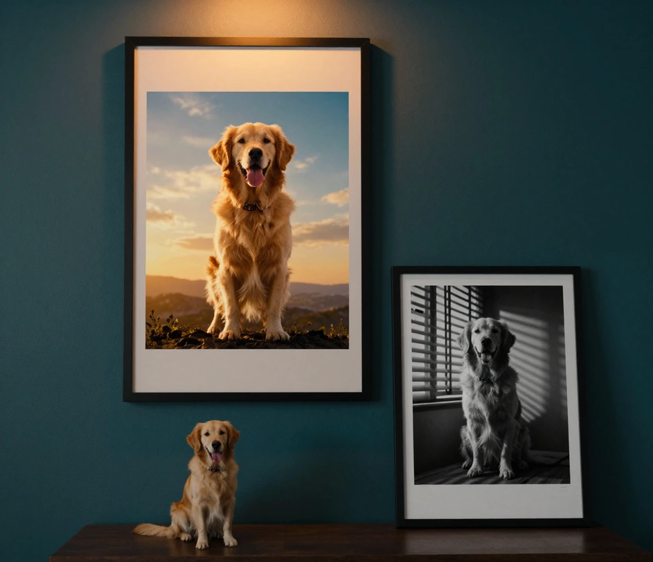 Ein Hundeporträt, verwandelt in ein heroisches Abenteuer-Filmplakat mit dem Hund als Star, lehnt in einem schwarzen Rahmen an der Wand, daneben das Originalfoto