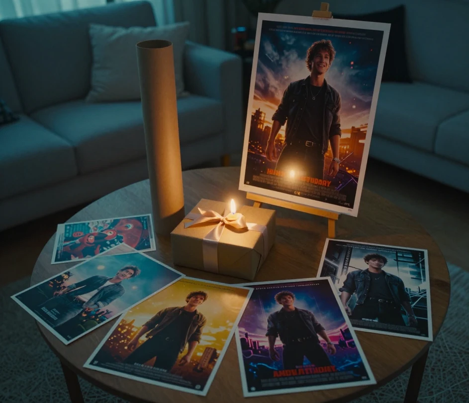 Ein Geburtstagsgeschenktisch, auf dem ein Filmplakat auf einer Staffelei steht, umgeben von vier kleineren Genre-Plakaten desselben Mannes, dazu eine Geschenkbox, eine Plakatrolle und ein weich fokussiertes Ausgangsfoto