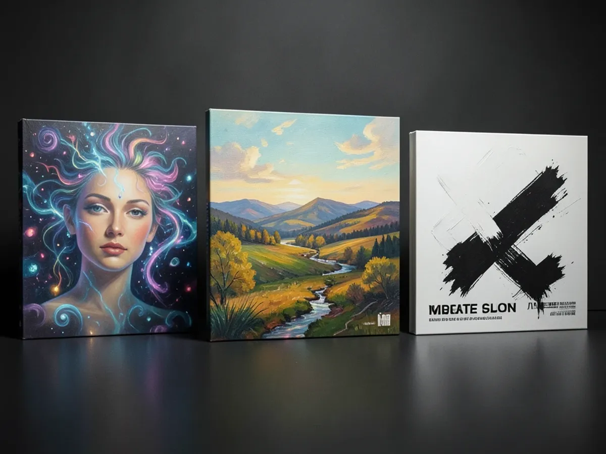 Three album cover designs showing AI-generated paintings in different styles — surreal, impressionist, and minimalist — with bold typography layered over the brushstroke textures