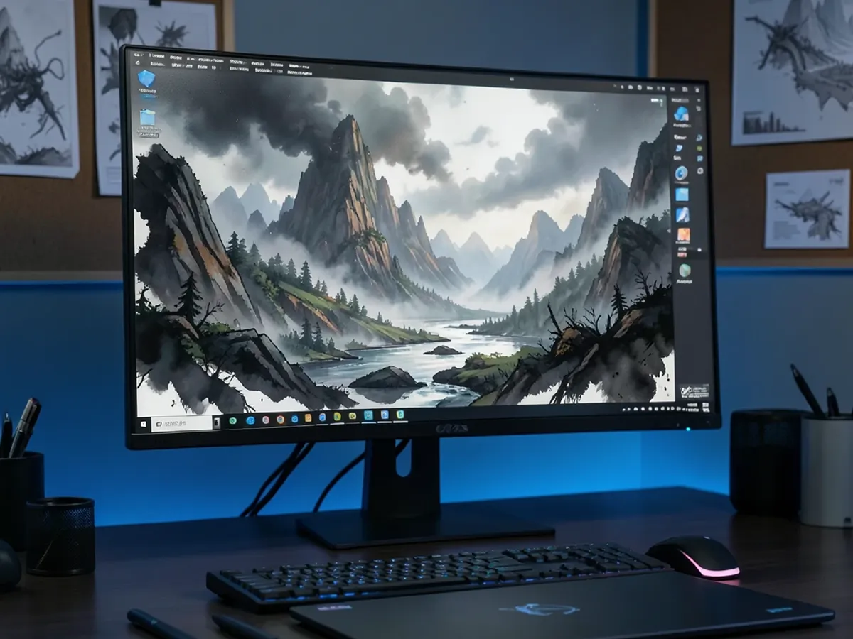 A digital concept art workspace showing an AI-generated ink wash painting of a fantasy landscape with dramatic lighting and atmospheric depth at 2048 by 2048 pixel resolution