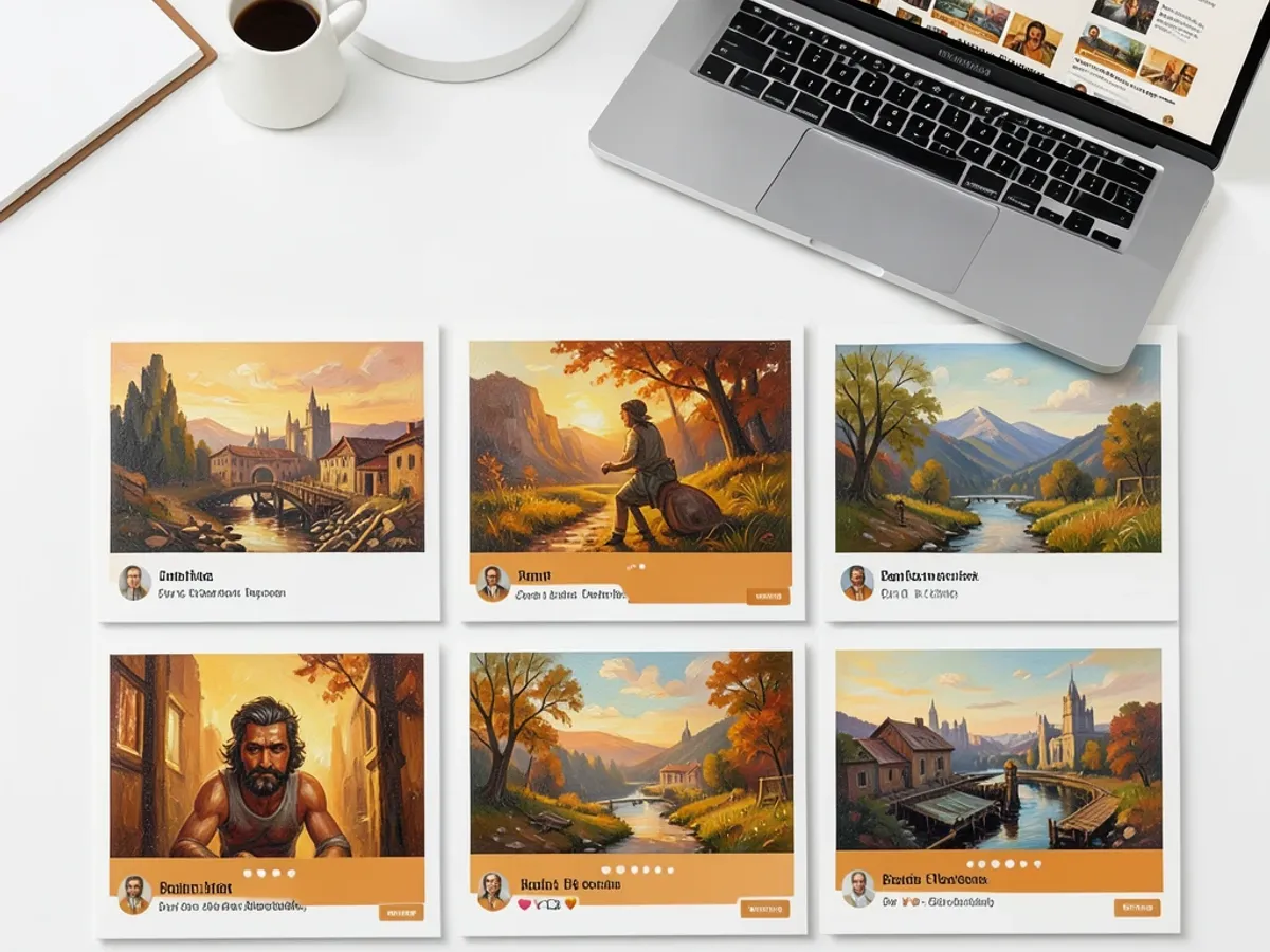 A marketing campaign mood board showing six AI-generated paintings in acrylic and oil styles used across social media posts and banner ads with consistent brand coloring
