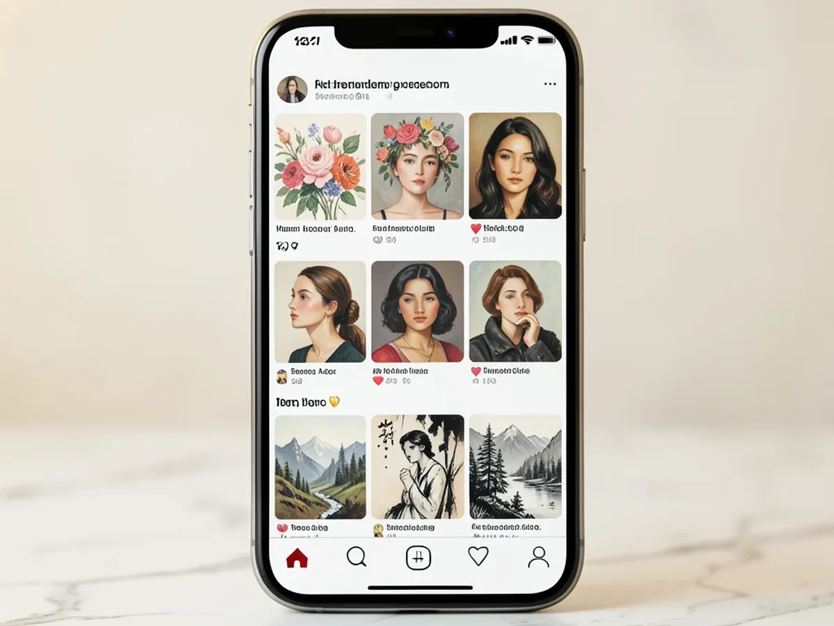 A smartphone screen showing an Instagram grid of AI-generated paintings in various styles — watercolor, oil, and ink — with high engagement metrics visible on each post
