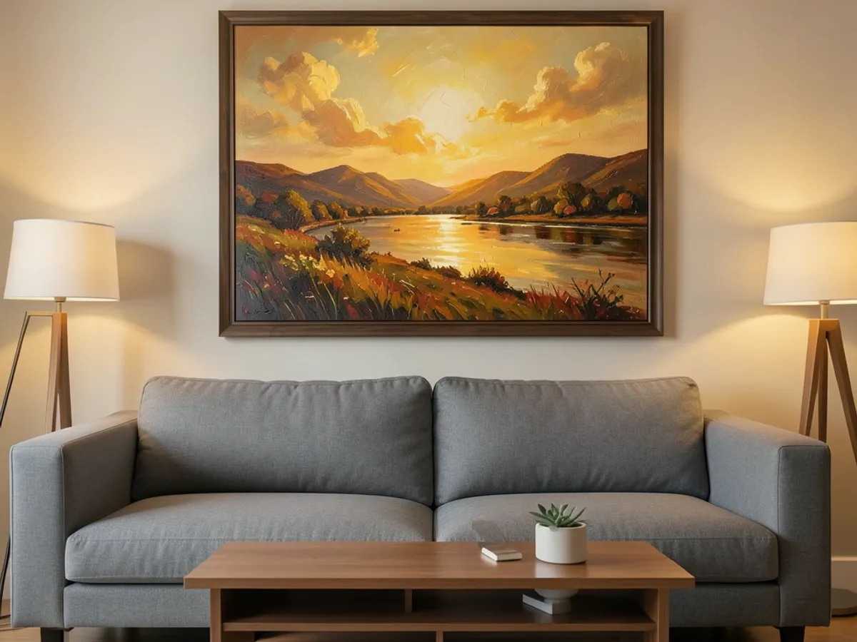A living room wall displaying a large framed AI-generated oil painting in warm tones, showing the artwork complementing the furniture and color scheme at gallery print quality