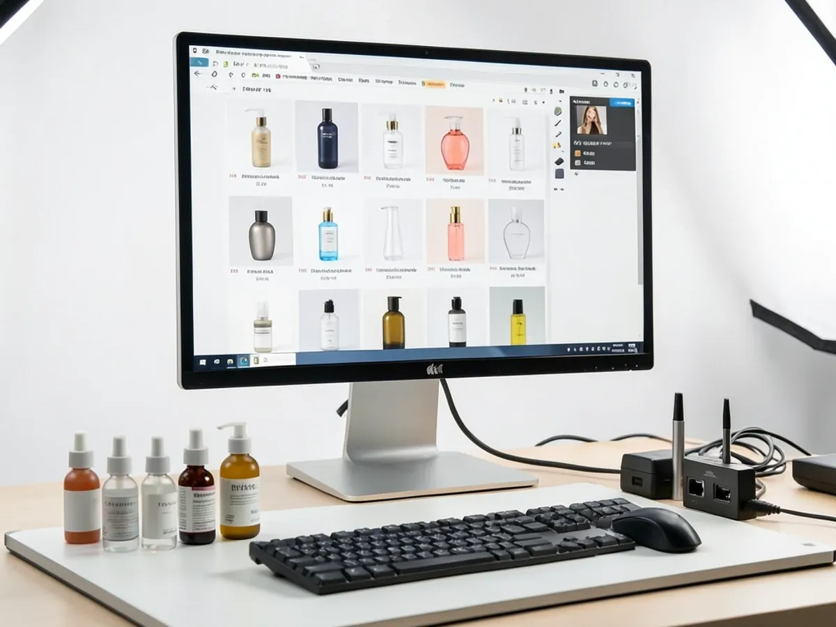 E-commerce product grid showing before and after AI photo editing — raw items replaced with clean white backgrounds and balanced exposure at 1200x1200 resolution