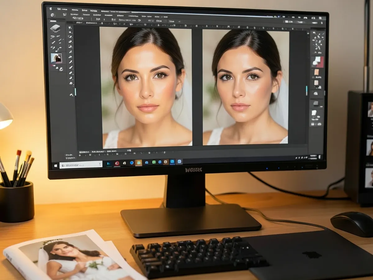 Side-by-side wedding portrait comparison showing AI-retouched skin tones, enhanced eye detail, and corrected white balance at 2400x1600 resolution