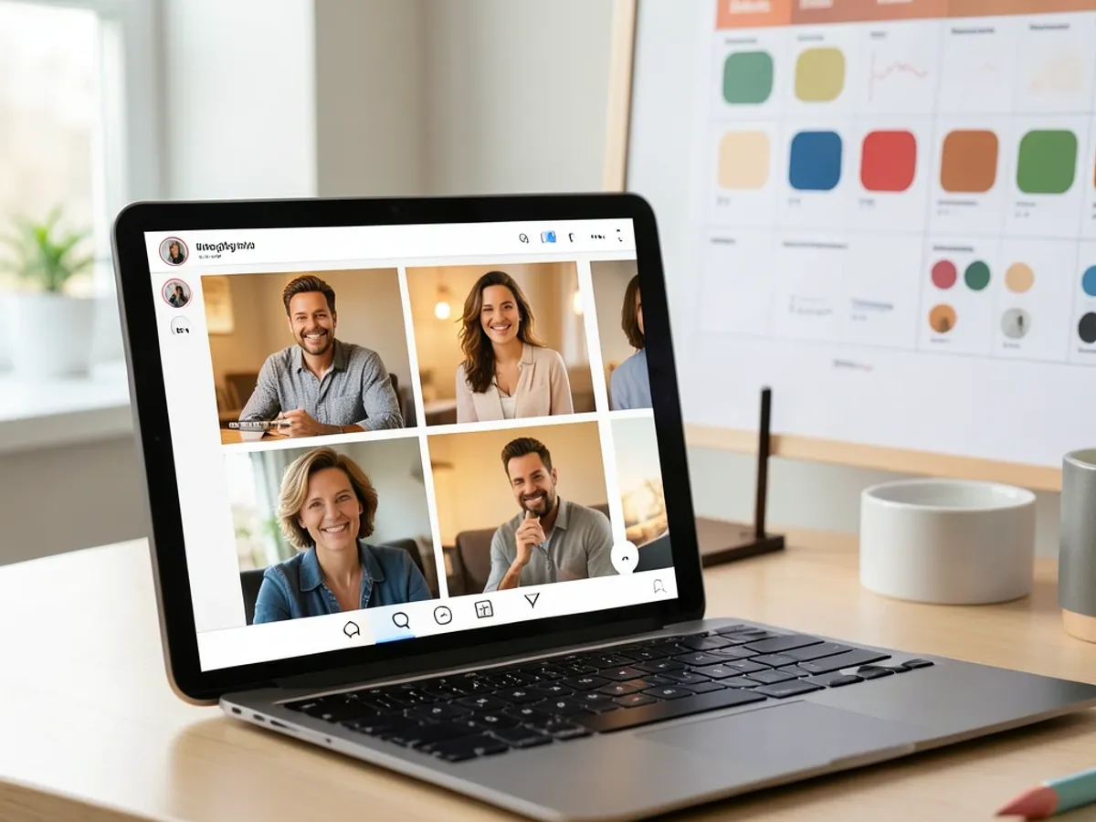 Instagram-style grid of nine brand images with consistent AI-applied color grading showing warm tones, balanced highlights, and uniform 1080x1080 crop