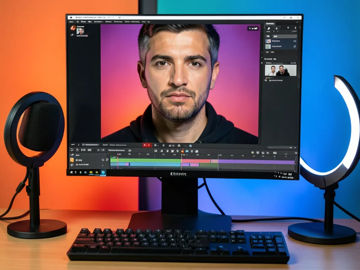 YouTube thumbnail composition showing an AI-enhanced portrait with adjusted contrast, sharpened text overlay area, and vibrant background at 1280x720 resolution