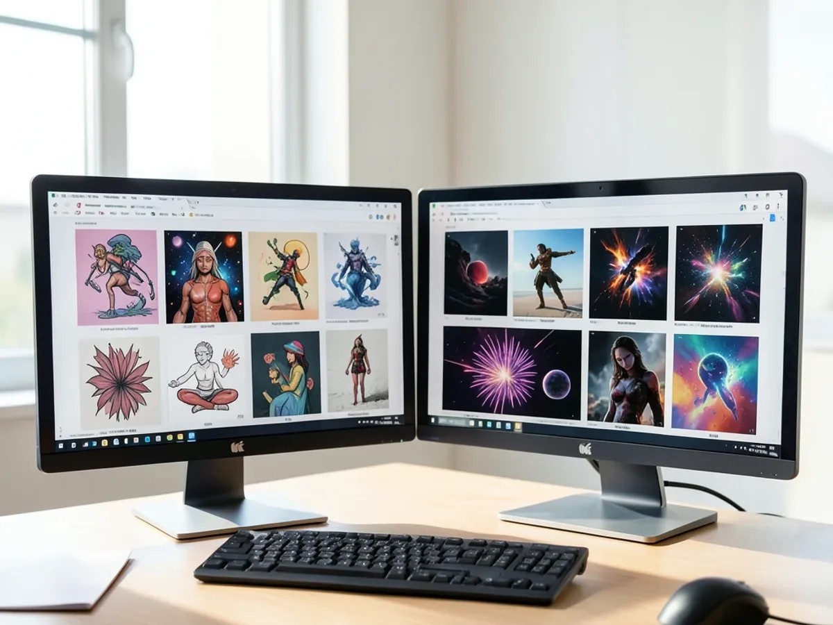 イラスト、デジタルアート、抽象的な構図など、複数のスタイルでAI生成された画像のギャラリー、各種アスペクト比