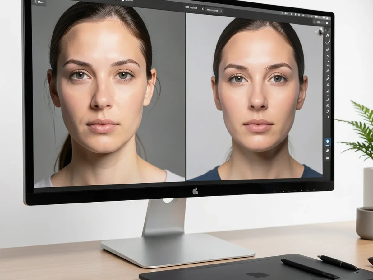Tela dividida antes e depois mostrando uma foto aprimorada com ferramentas de edição IA