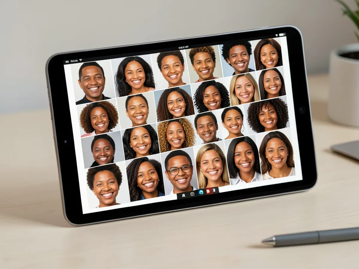 A grid of AI-generated smiling faces in various ages and ethnicities with natural lighting, warm balanced highlights, and photorealistic skin texture on the smile generator canvas