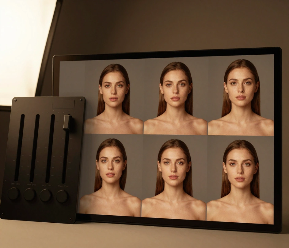 Preview ta' ġeneratur ta' ritratti AI juri ritratt idawl b'softbox ħdejn pannell ta' kontroll tad-dwal b'sliders
