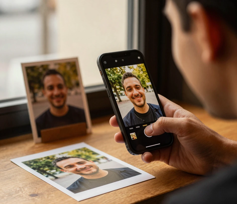 Idejn żżomm telefon juri ritratt lifestyle wieħed sħan kaswali ta' raġel idaħħak f'post tax-xemx ħdejn it-tieqi ta' kafetterija, b'ritratt ieħor stampat tal-istil naturali tal-istess raġel mitħut fuq il-mejda tal-injam ħdejh