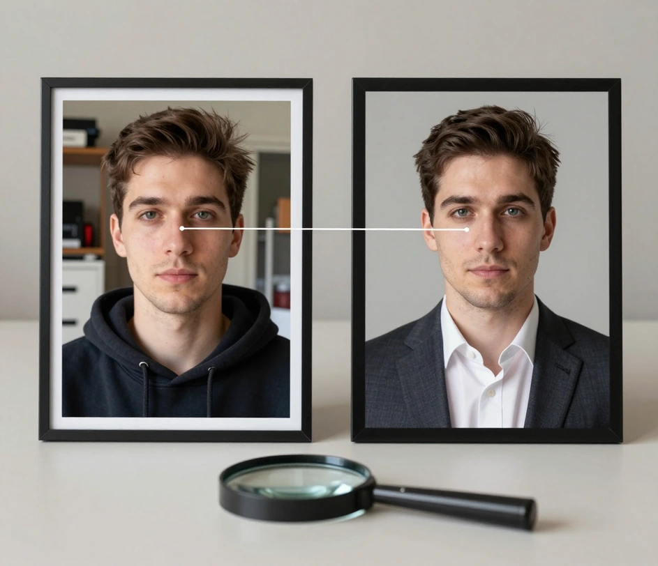 Two framed photos side by side showing the same man in a casual hoodie selfie and in a professional suit portrait, a thin line of light connecting the identical faces to signal identity preservation