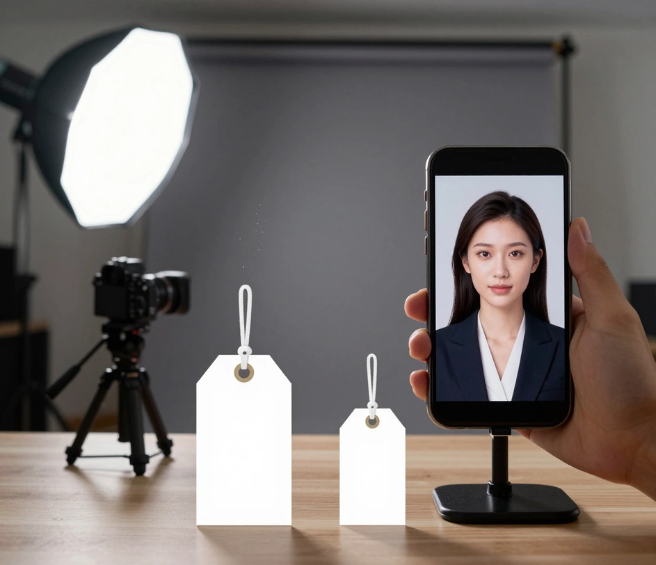 A professional photography studio setup with softbox lights and a neutral backdrop beside a glowing smartphone showing an equally polished portrait, price tags contrasting a studio session cost with a single credit