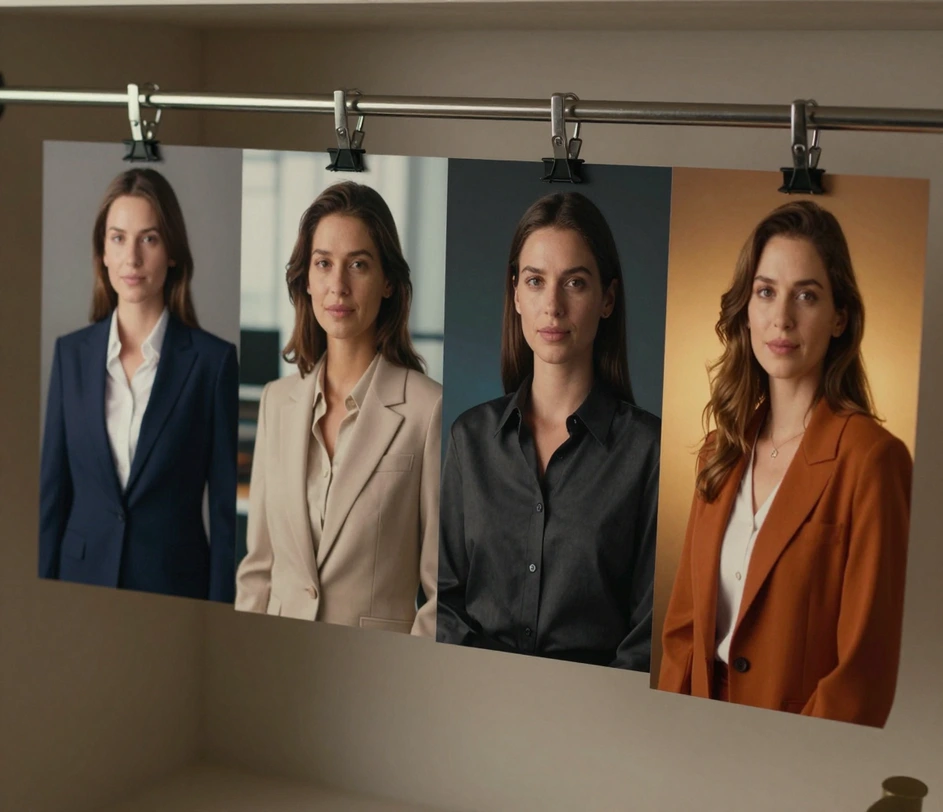 Four style cards fanned out like a wardrobe rail showing the same woman rendered in business formal suit, casual blazer, dark tech-industry shirt, and creative modern jacket portraits