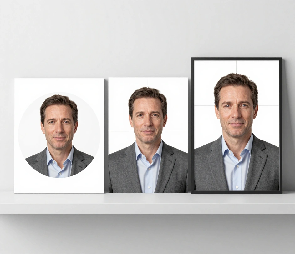 Three device frames displaying the same professional portrait in square LinkedIn circle crop, vertical 4:5 social header, and 3:4 print resume format with correct headroom in each
