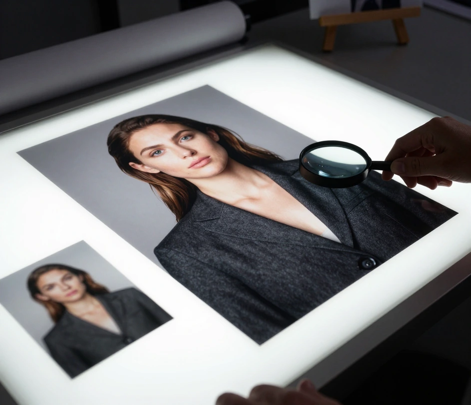 A large-format printed portrait being inspected under a print-shop lightbox, fabric weave and skin detail staying crisp at poster size while a small blurry phone photo sits beside it for comparison