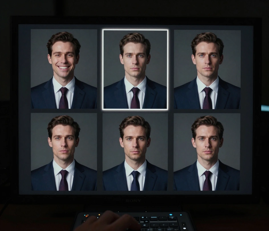 A grid of five portrait variations of the same man with subtle differences in smile, tie color, and posture arranged on a dark editing canvas for side-by-side comparison