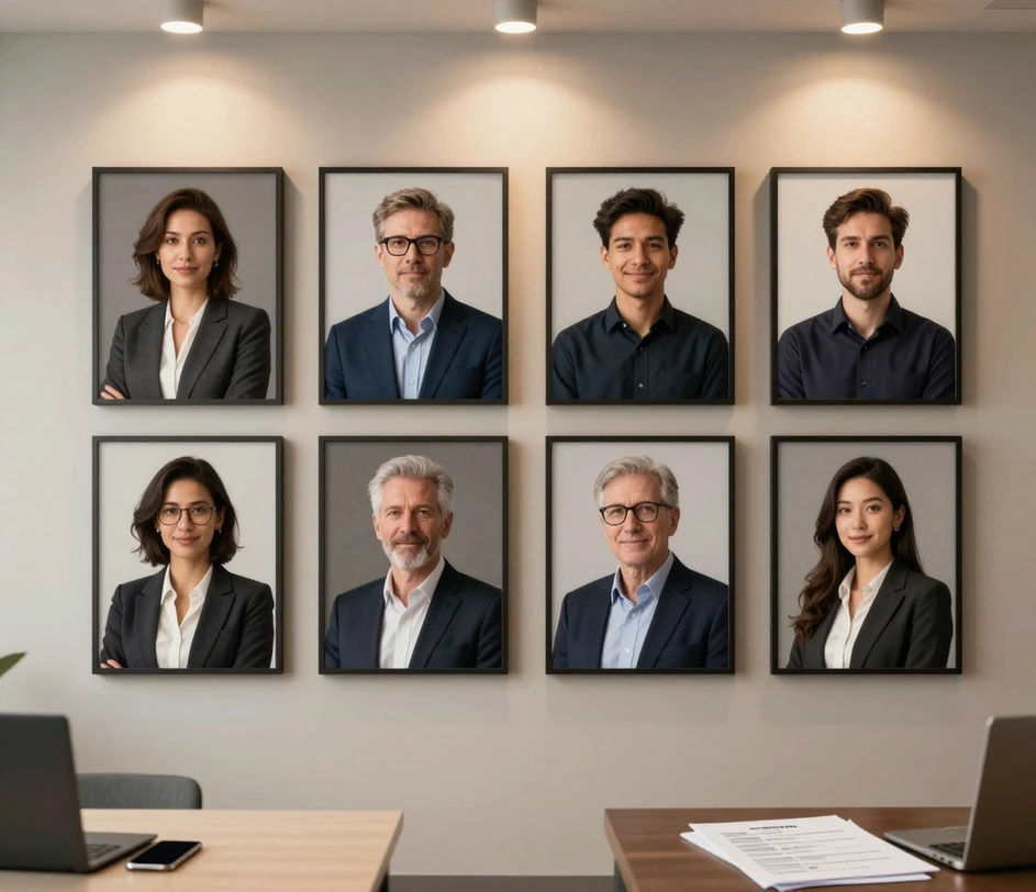 A gallery wall in a modern office displaying six professional AI-generated portraits of diverse professionals in different career styles under warm spotlights