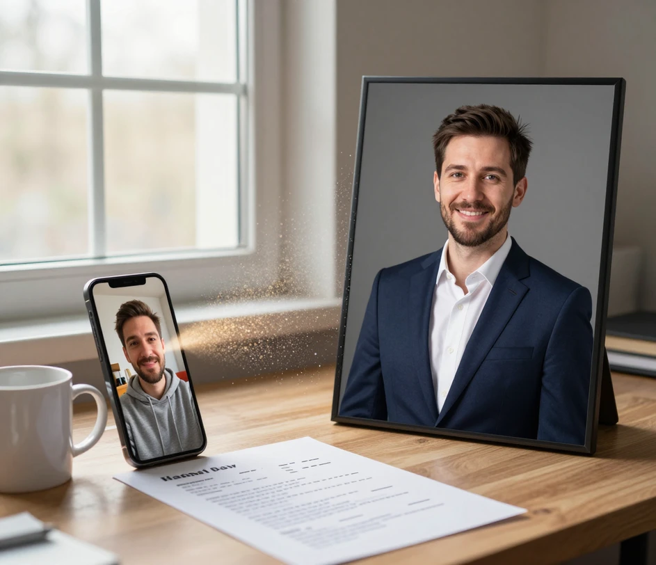 A casual phone selfie on the left transforming through a stream of light into a polished professional studio portrait on the right, the same person now in a tailored suit against a neutral backdrop with soft key lighting