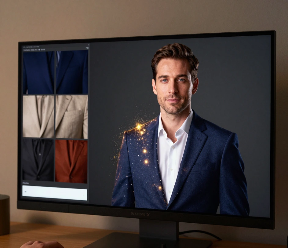 A laptop screen split between a style selection panel with four look thumbnails and a text prompt field, a professional portrait materializing on the canvas side