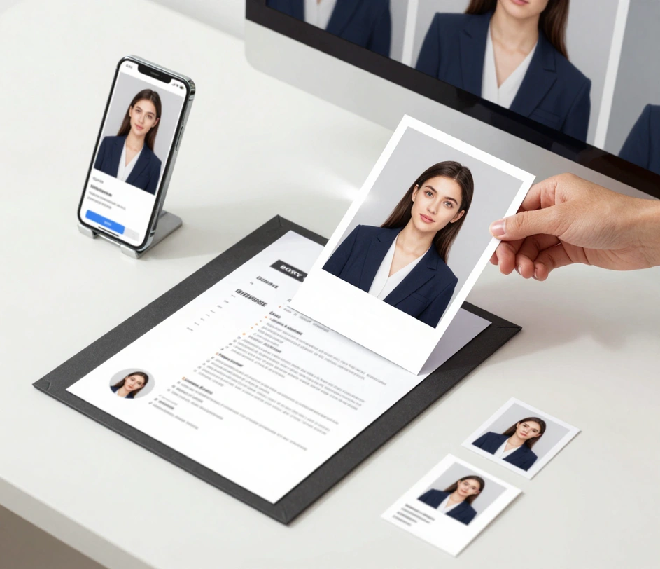 A downloaded professional portrait file being dragged from a web canvas into a folder containing a resume PDF and a LinkedIn profile tab, completing the workflow