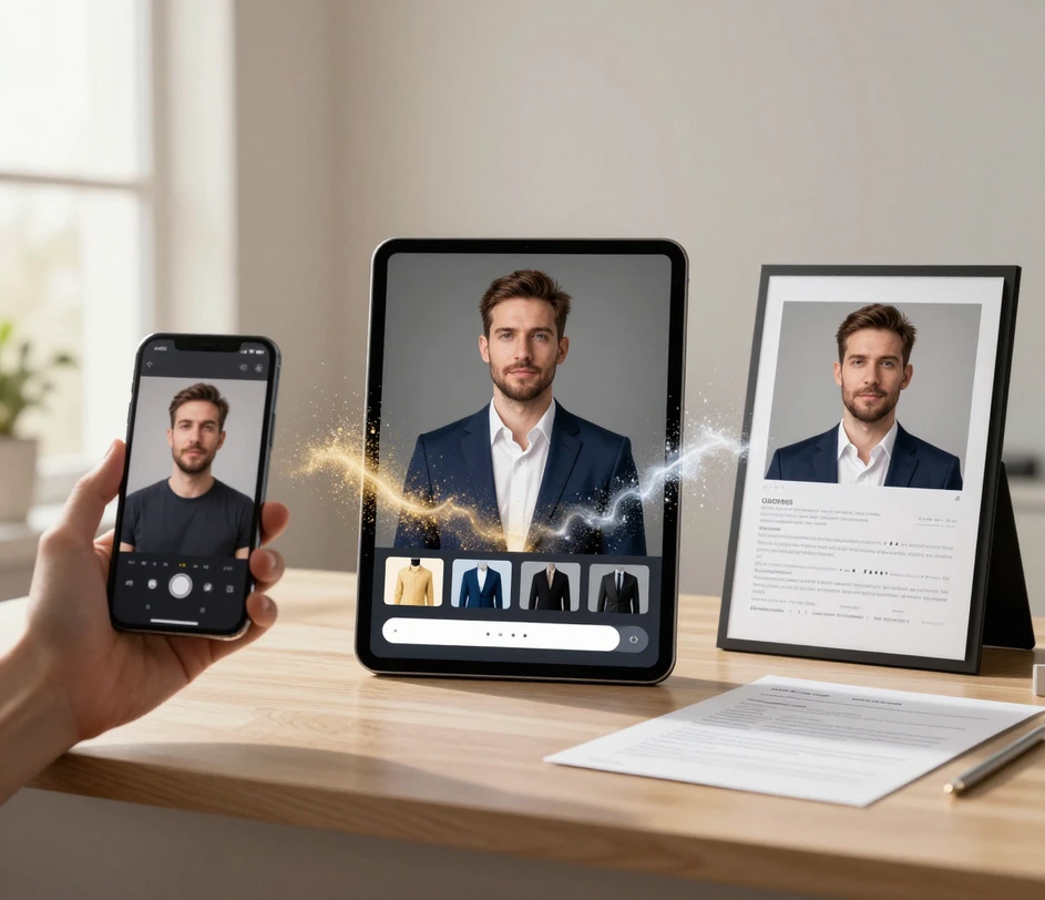 A three-panel sequence across a bright desk: a phone selfie upload, a style-and-prompt control panel, and the finished professional portrait downloading to a laptop