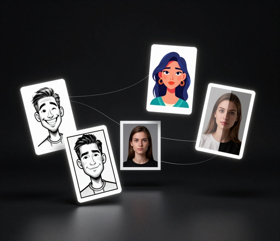 Four floating cards in a dark studio — a caricature sketch, a stylized avatar, a comic panel, and a retouched photo — linked by thin light threads around a central professional portrait
