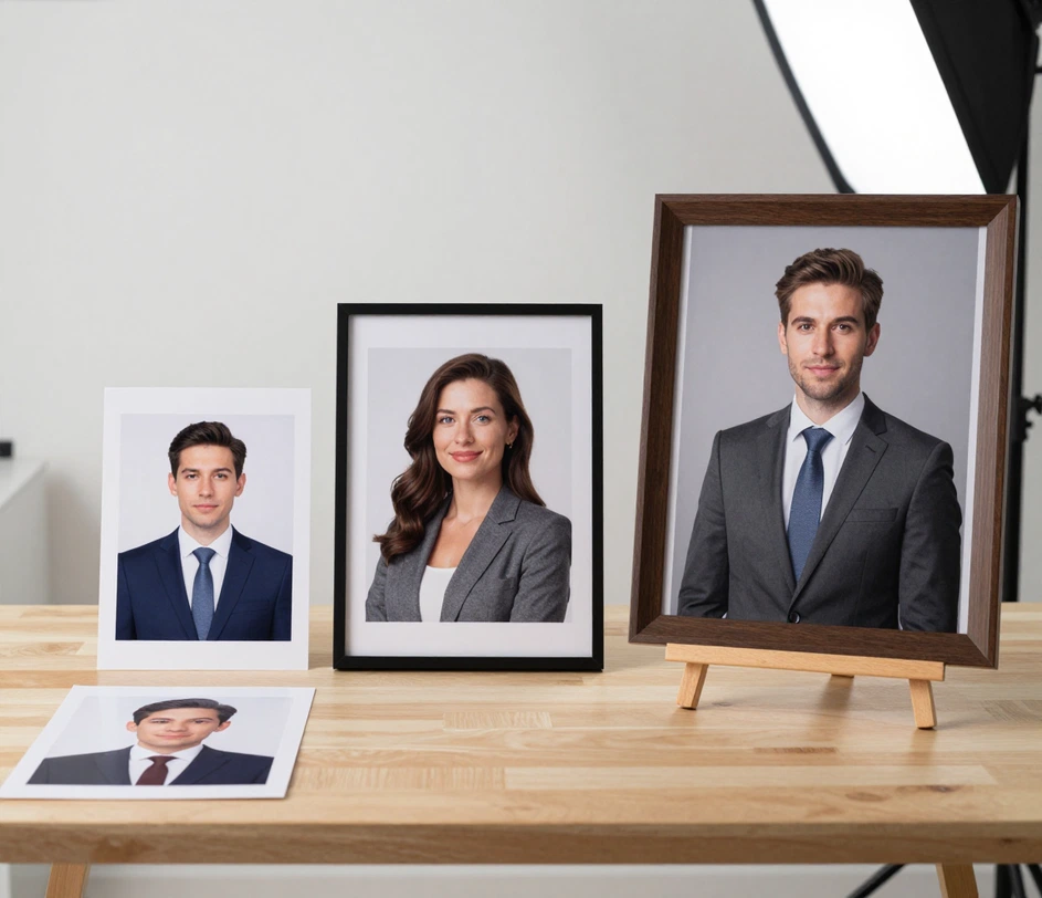 Tre professionelle headshot-prints vist side om side mod en lys studievæg, motiver i formelt businessantrekk med rent studiolys, naturlig hudtekstur og selvsikker holdning