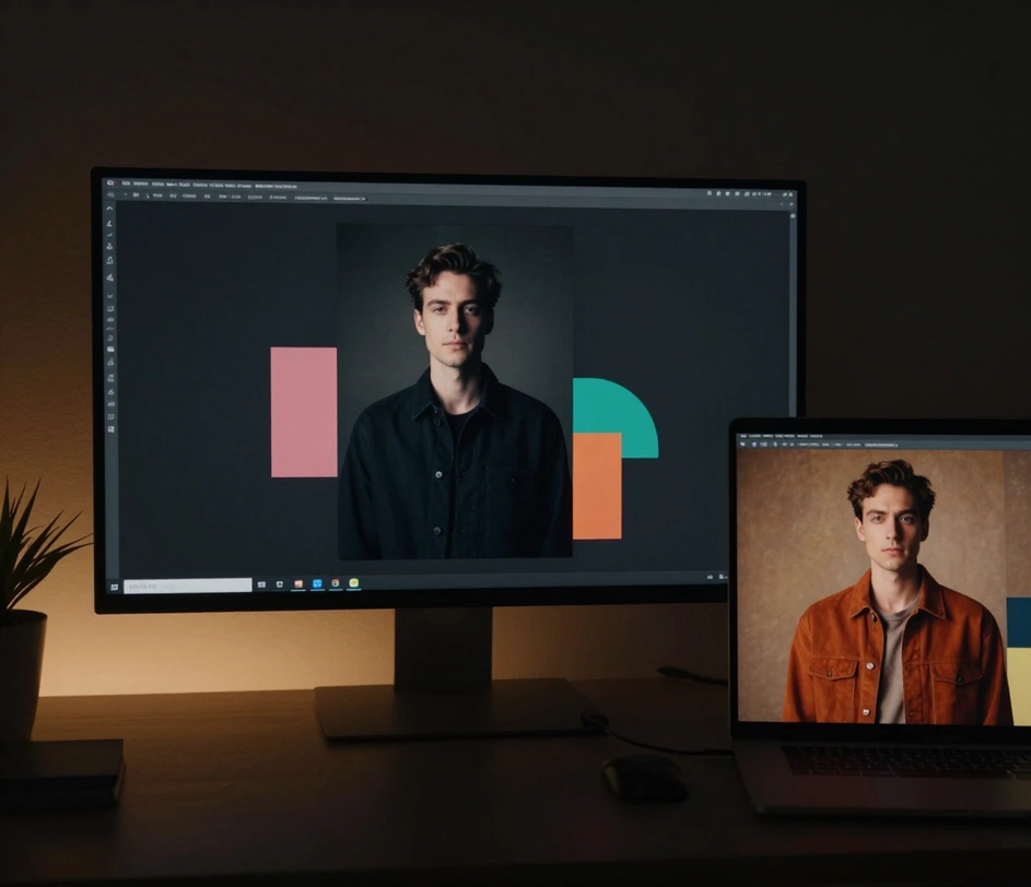 En kreativ fagfolks porteføljevæbsside på en widescreen-skærm med et minimalistisk portræt mod mørk baggrund i om-sektionen, omgivet af farverige designarbejds-miniaturer
