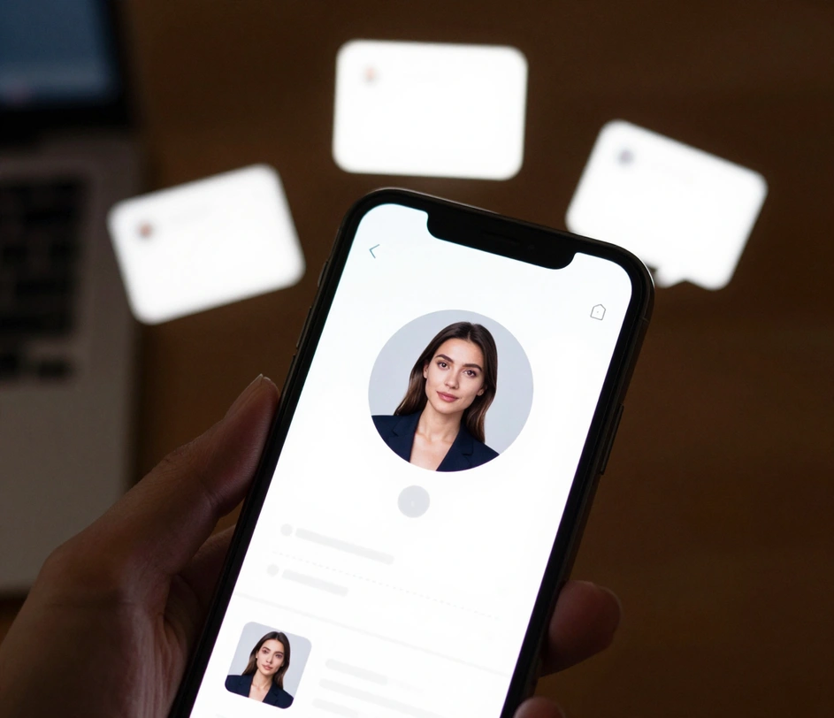 En smartphone viser en LinkedIn-lignende profil med et opfrisket professionelt portræt; svævende notifikationskort indikerer nye profilvisninger, det ældre afslappede foto ses lille i hjørnet